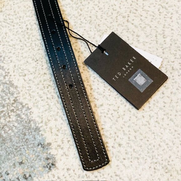 NWT $85 Ted Baker Mens Size 32 Bosmat Black Stitch Detail Leather Gunmetal Belt - Picture 8 of 11